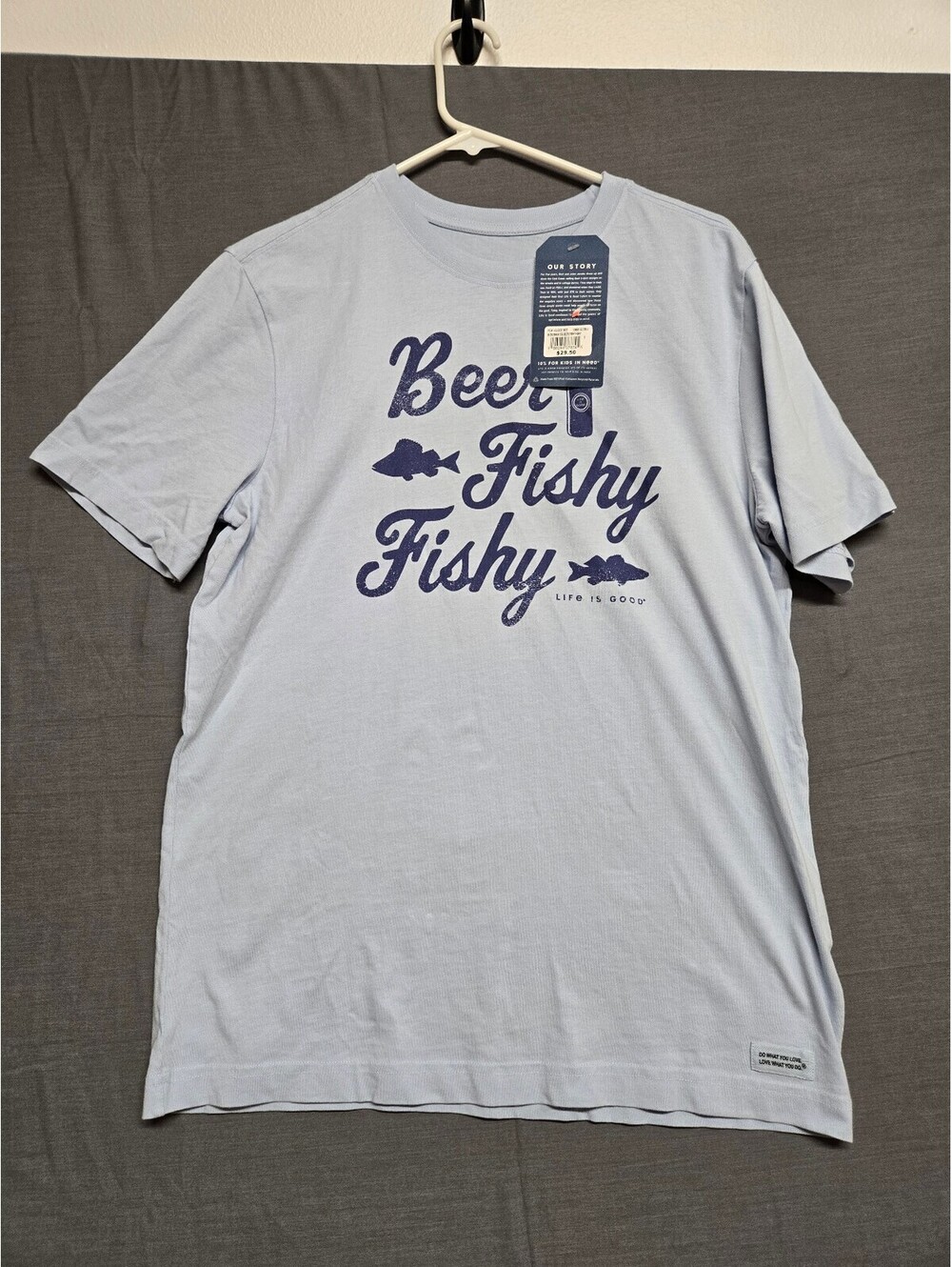 Life is Good Beer Fishy Fishy Crusher Tee Light Blue Small